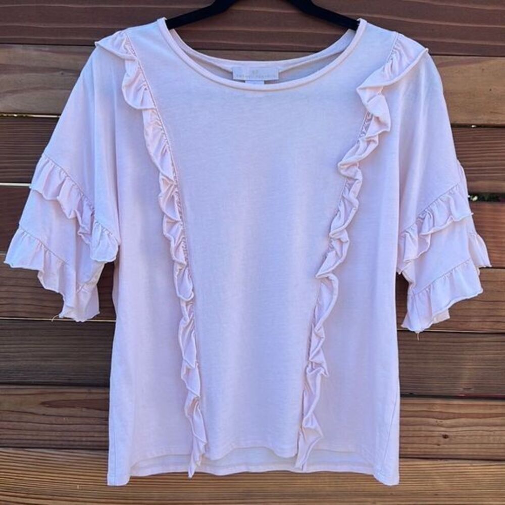 Rachel Parcell Women's Round Neck Short Elbow Sleeve Ruffled Top - Soft Pink
